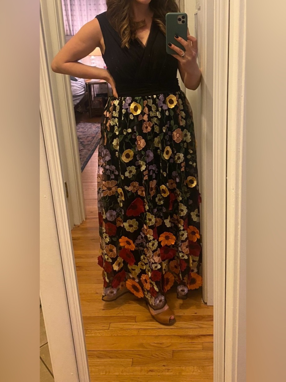Just Me Black Maxi Dress with Multicolor Floral Embroidery